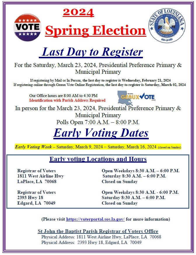 Registrar of Voters St. John the Baptist Parish